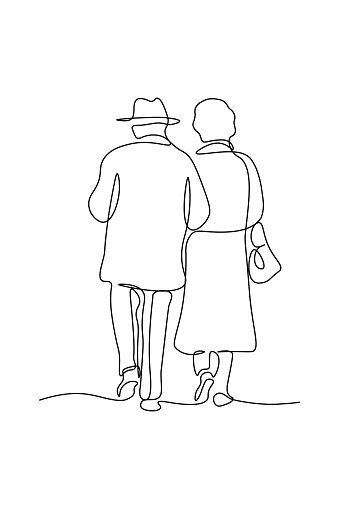 Noble couple in continuous line art drawing style. Back view of aristocratic man and woman walking together. Minimalist black linear sketch isolated on white background. Vector illustration