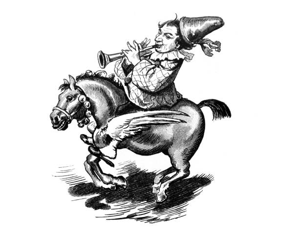 stockillustraties, clipart, cartoons en iconen met pegasus en de clown die de trompet spelen - gekke paarden