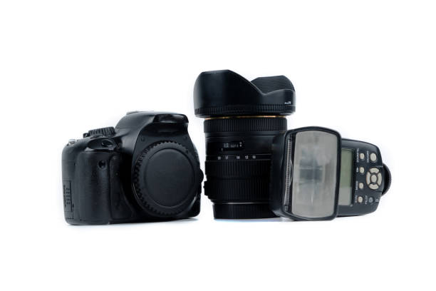 istock Photo camera and flash isolated on a white background. Copy space. 1222562304