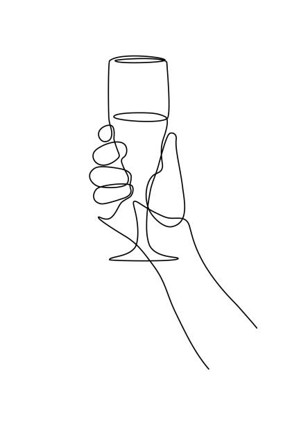 Champagne glass in hand Champagne glass in human hand in continuous line art drawing style. Minimalist black linear sketch isolated on white background. Vector illustration celebratory toast illustrations stock illustrations