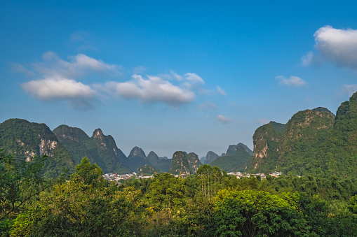 Beautiful green, lush and dense karst mountain landscape in Yangshuo, Guangxi Province, China
