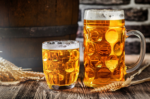 Beer glasses and beer barrel with wheat on wooden table in a cellar. Gold pint beers.