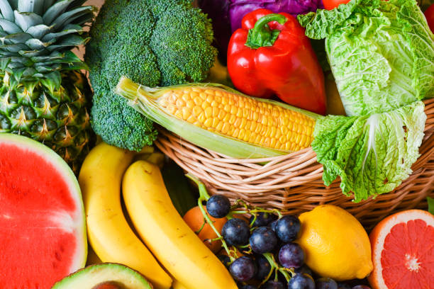 istock Composition with assorted raw organic fresh vegetables. Assortment of fruits and vegetable. 1222566064
