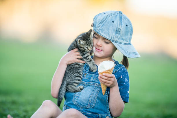 Child holding baby cat. Kids and pets. Little girl hugging cute little kitten in summer garden. Domestic animal in family with kids. Children with home pet animals.