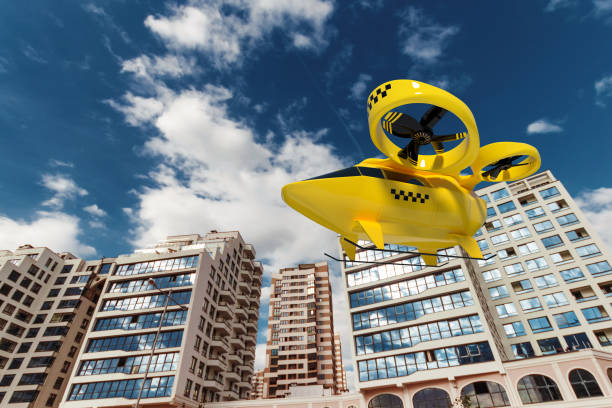 Yellow flying taxi against the sky, city electric transport drone. Car with propellers, clean air, fast ride. Mixed media, copy space. Yellow flying taxi against the sky, city electric transport drone. Car with propellers, clean air, fast ride. Mixed media, copy space tilt rotor stock pictures, royalty-free photos & images