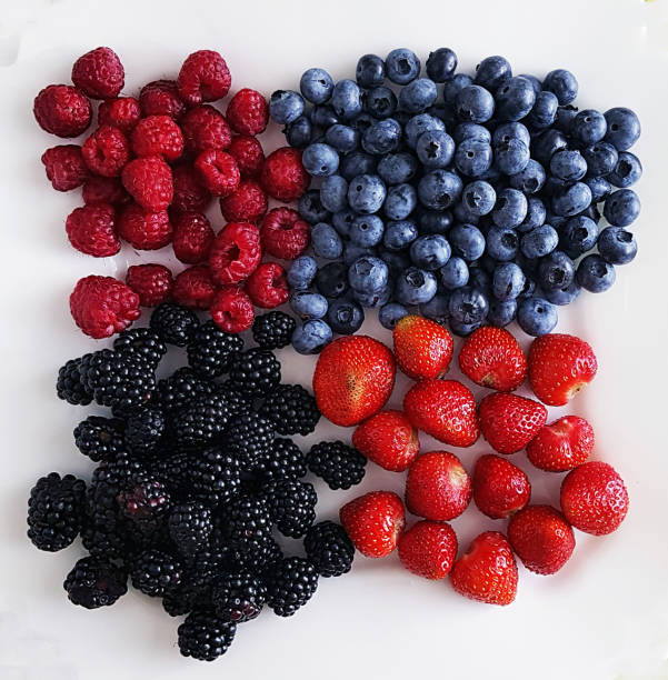raspberry, strawberry, blueberry, blackberry isolated on a white background - blackberry currant strawberry antioxidant imagens e fotografias de stock