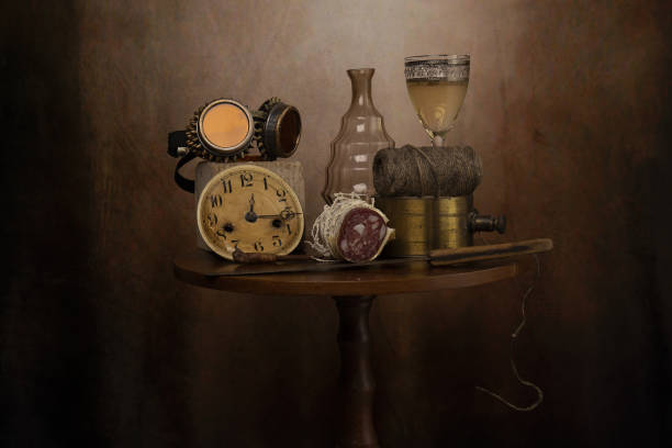 Objects on the table is an ancient vase of flowers, fruit, wine glass.The photo was taken using a light effect brush.