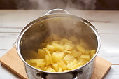 Cooked hot potatoes in a pan.