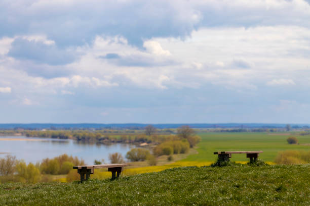 Two benches, meadows, fields and trees against the backdrop of a cloudy sky