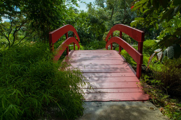 istock Red bridge in the park 1222571023
