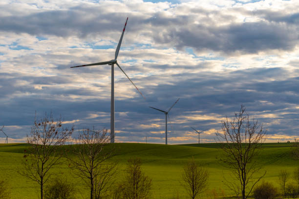 istock Meadows, fields and trees and wind power plant against the backdrop of a cloudy sky 1222571025