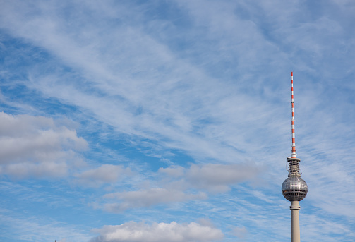 Berlin,Germany October 2019 Television tower in Berlin with clear blue sky in background