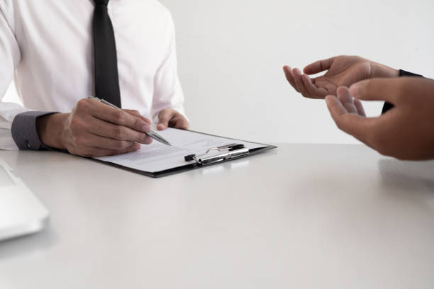 istock Job seeker talking and presentation about himself with interview employee for job interview in the office 1222573774