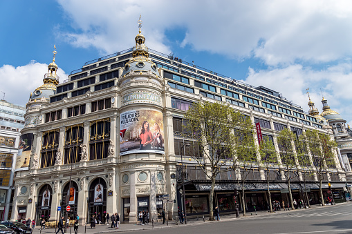 Paris, France - April 14, 2019: Printemps Department Store facade. It was founded in 1865 and is registered as Historic Monument.