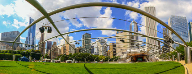 istock Millenium Park, Chicago City, with skyline and concert construction, Panorama 1222578440