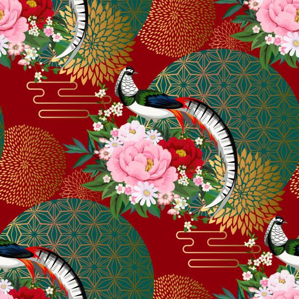 Beautiful seamless pattern with diamond pheasant sitting on peony branch with blooming sakura,plum and daisies for summer dress in Chinese style Beautiful seamless pattern with diamond pheasant sitting on peony branch with blooming sakura,plum and daisies for summer dress in Chinese style chinese tapestry stock illustrations