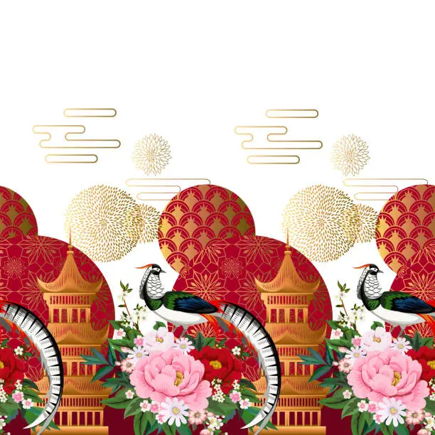 Vector illustration of Beautiful seamless border with diamond pheasant sitting on peony branch with blooming sakura,plum and daisies for summer dress in Chinese style