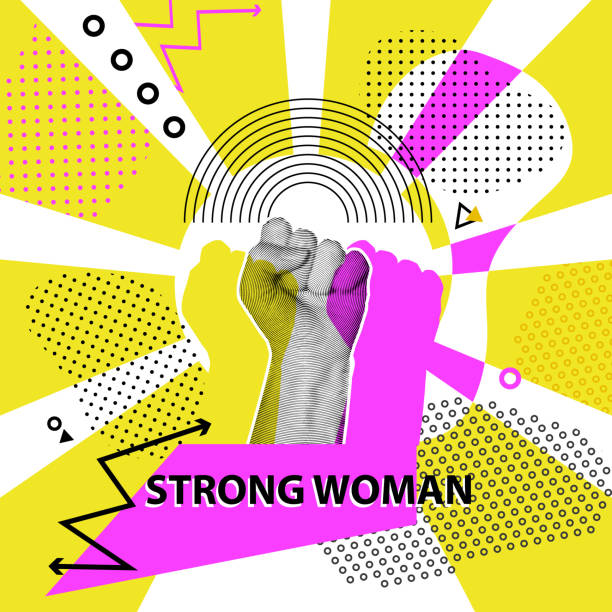 istock Hand in fist as pop art abstract modern style. I can do it. Be strong. Feminism Protest sign on grey rays sun background. Vector illustration 1222582042