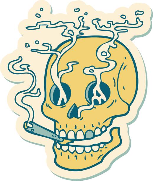 tattoo style sticker of a skull smoking sticker of tattoo in traditional style of a skull marijuana tattoo stock illustrations