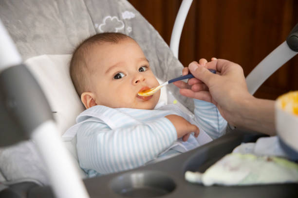 istock First feeding a baby. Feeding pumpkin puree. Happy baby. 1222584789
