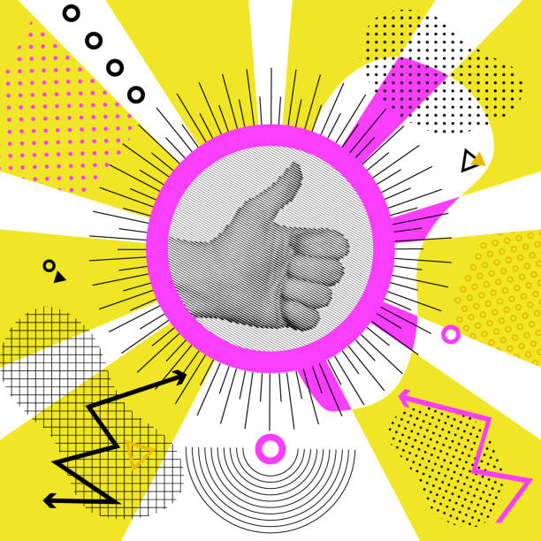 daumen hoch geste. hand geste ok auf sonnenstrahlen, memphis hintergrund. geometrie-shapes auf weißem hintergrund. hand in kreis vektor illustration - sale sunbeam vector satisfaction stock-grafiken, -clipart, -cartoons und -symbole