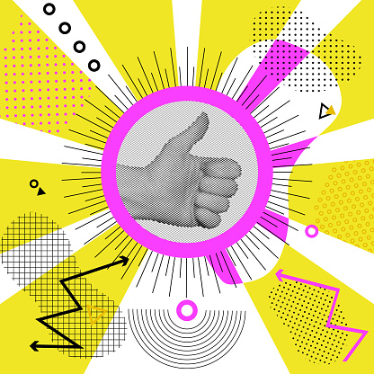 Thumbs up gesture. Hand Gesture OK on sunny rays, memphis background. Geometry shapes on white background. Hand in circle vector illustration