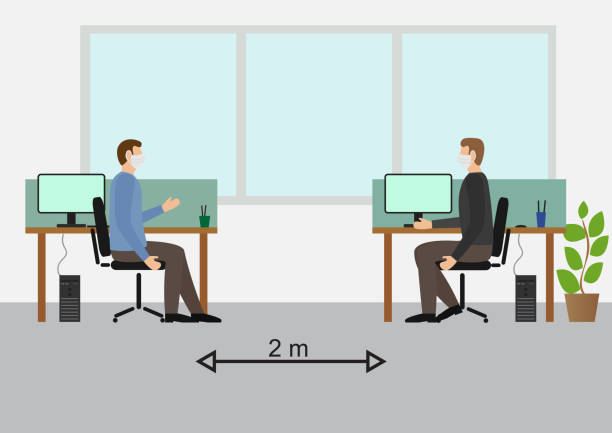 stockillustraties, clipart, cartoons en iconen met sociale distantiëring op het office.workers werken met mask - man met mondkapje