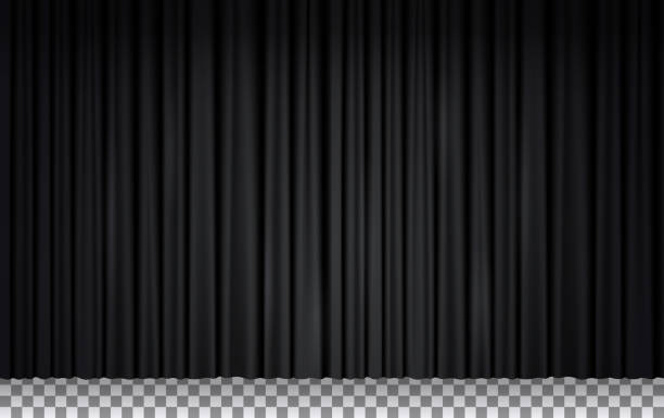 Black velvet curtain in theater or cinema Black velvet curtain in theater or cinema. Vector realistic closed stage curtains lighted by spotlight. Black fabric drapes in opera isolated on transparent background black color stock illustrations