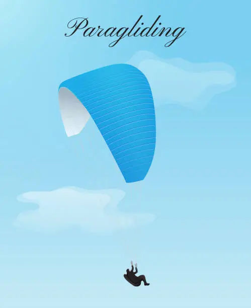 Vector illustration of Flying paraglider with blue parachute and man