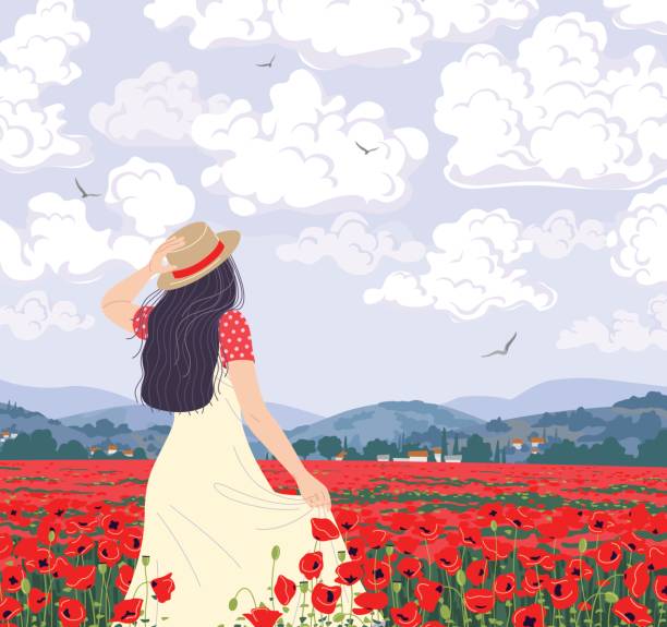 ilustrações de stock, clip art, desenhos animados e ícones de young woman enjoys the poppies field - poppy field