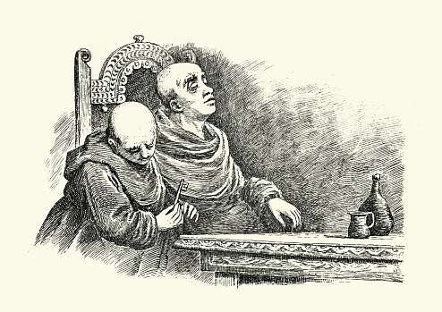 Vintage illustration of a Medieval monk stealing abbots key