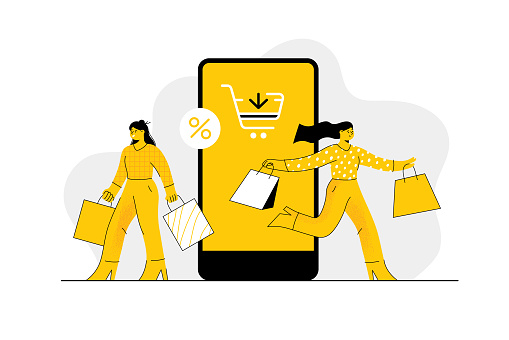 Two women with shopping bags, buying online.
Fully editable vectors on layers.