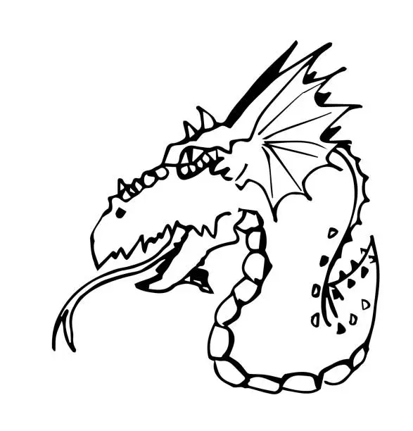 Vector illustration of Dragon head. Black and white vector illustration.