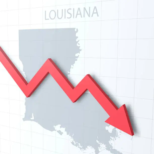 Vector illustration of Falling red arrow with the Louisiana map on the background