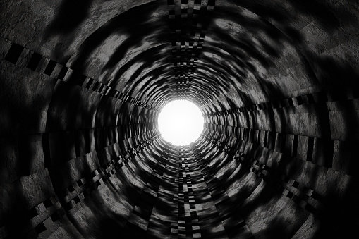 3d rendering of wet dark tunnel with light at the end of tunnel