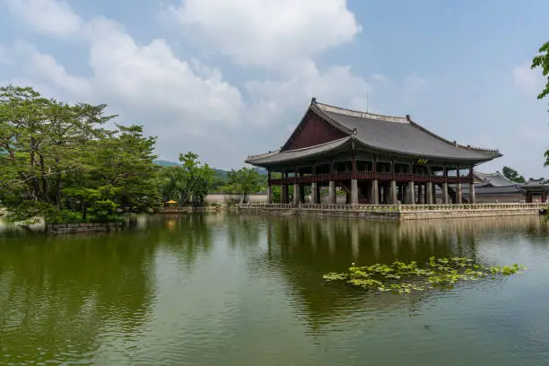 Beautiful view of Gyeonghoeru Pavilion and pond in Gyeongbokgung palace, Seoul, South Korea.