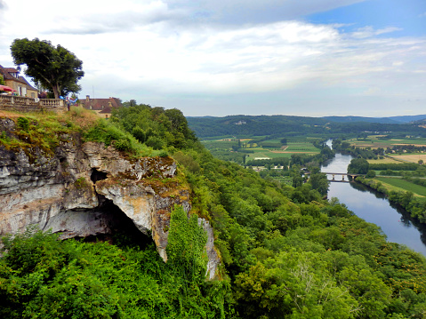 Landscape view looking over the River Dordogne, from the ramparts of Domme a fortified town in the Dordogne, France