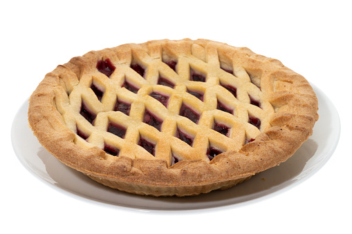 Cherry pie with a lattice pattern crust - white background