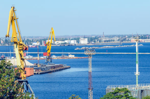 istock Port cargo crane loads a container onto a cargo ship 1222600475