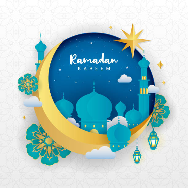 ramadan kareem grußkarte vektor-illustration. schöne halbmond mit moschee auf islamischen muster hintergrund. papier-kunst-stil - eid stock-grafiken, -clipart, -cartoons und -symbole
