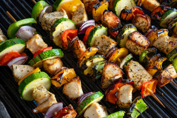istock Barbecue chicken and vegetable skewers  or Kebobs 1222601096
