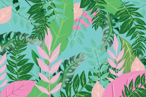 열대 꽃 배경 - green abstract backgrounds leaf stock illustrations