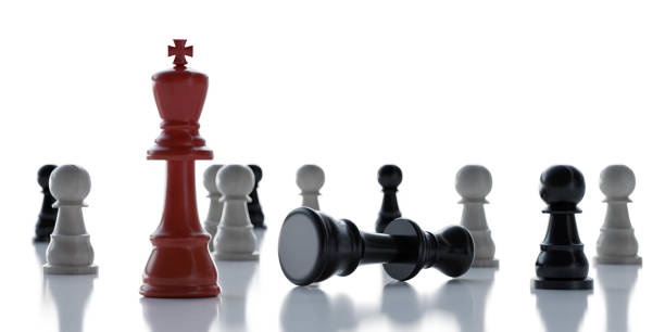 istock Chess game - red king figure and fallen queen and pawns on a white background 3d render illustration 1222606337