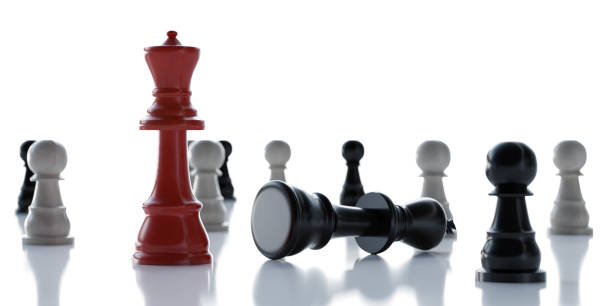 istock Chess game - red queen figure and fallen king and pawns on a white background 3d render illustration 1222606369