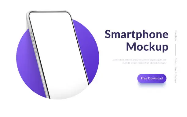 Vector illustration of White realistic smartphone mockup in the circle. 3d mobile phone with blank white screen. Modern cell phone template on gradient background. Illustration of device 3d screen