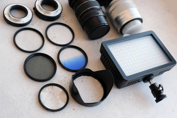istock Flat lay composition with equipment for professional photographer 1222617304