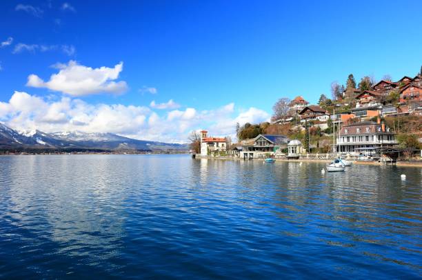 Oberhofen am Thunersee. The town is located on the northern shore of Lake Thun. Switzerland, Europe. Oberhofen am Thunersee is a municipality in the administrative district of Thun in the canton of Bern in Switzerland. It is located on the northern shore of Lake Thun. thun interlaken winter switzerland stock pictures, royalty-free photos & images