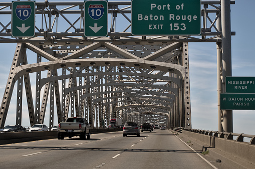 Baton Rouge, Louisiana, USA - 2020: The view at the Horace Wilkinson Bridge, a cantilever bridge carrying Interstate 10 in Louisiana across the Mississippi River from Baton Rouge to Port Allen.