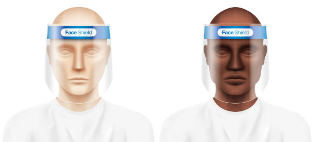 White and Black men with plastic face shields. Caucasian and African American man with plastic face shields. Healthcare workers in white shirts and virus protection medical equipment, isolated on background. Medical vector design elements. nurse face shield stock illustrations