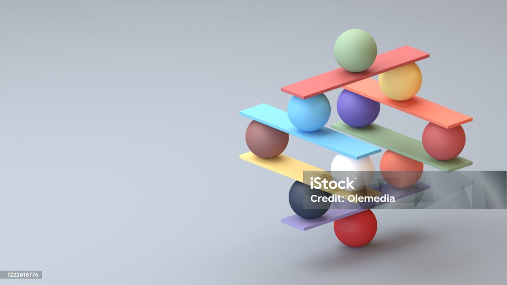 Jenga game color block tower with balls Jenga game isometric digital concept Concepts Stock Photo
